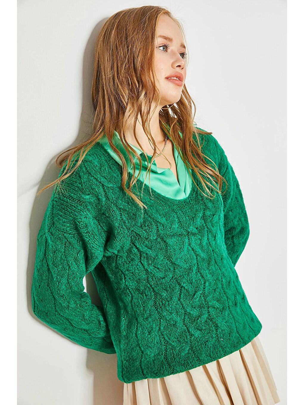 Yeşil Kadın Saç Örgü Desenli Triko Örme Kazak-4