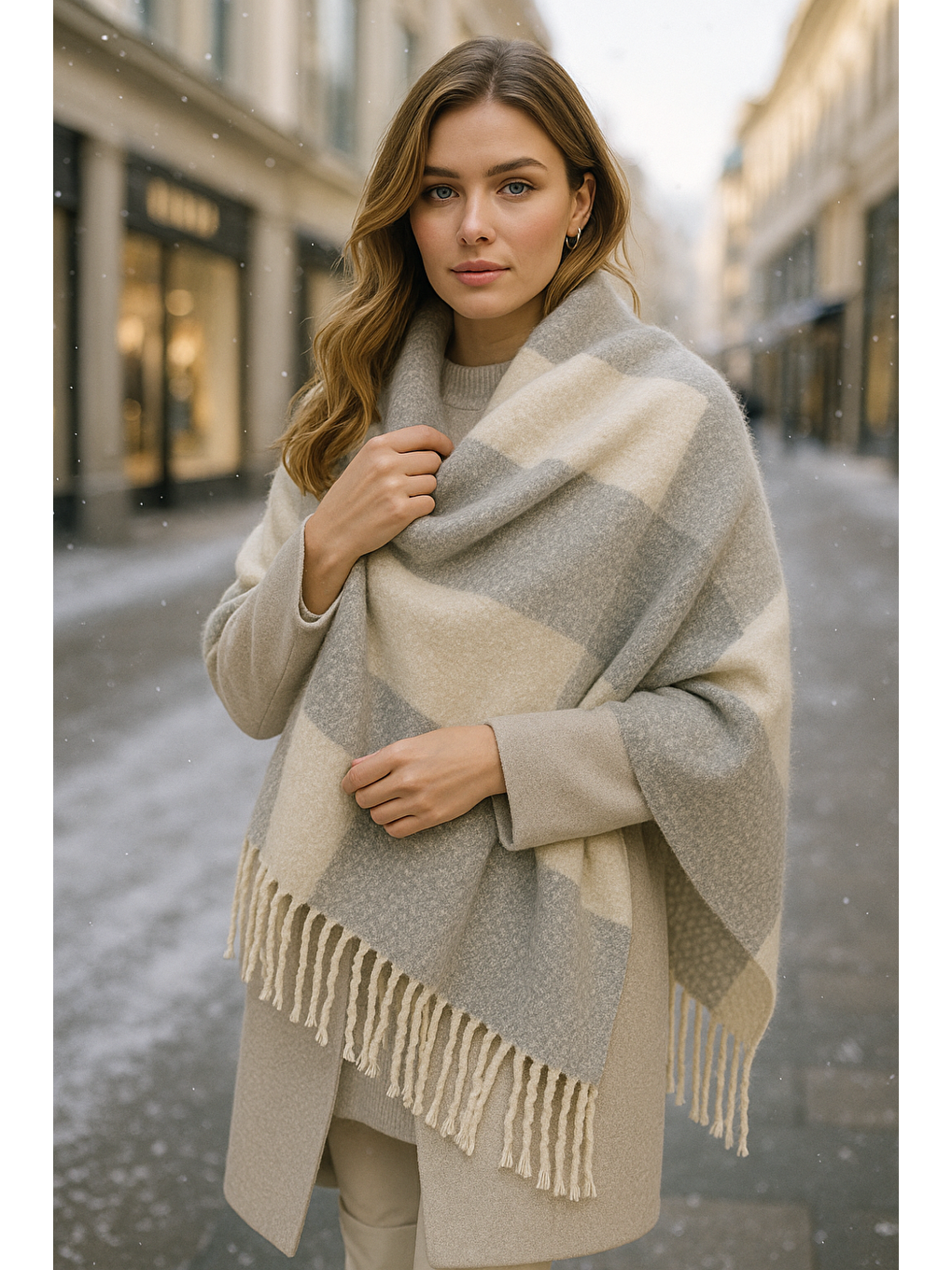 Kadın Ekru Püsküllü Buklet Atkı - Şal 45x200 Cm Sal1284-1