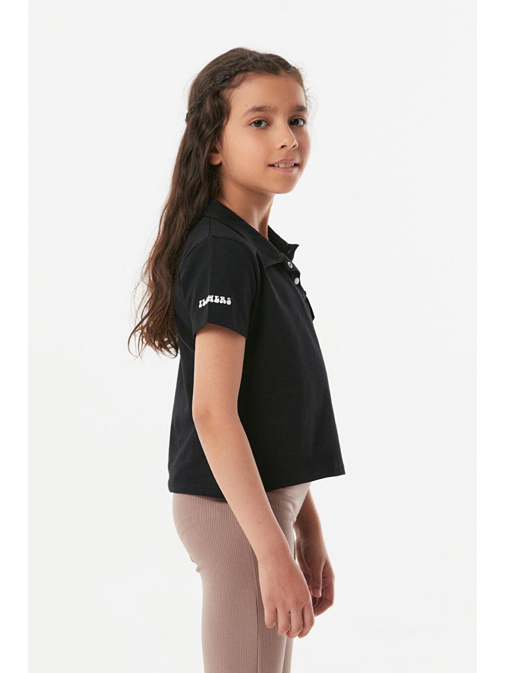 Siyah Cep Detaylı Polo Yaka Kız Çocuk Tişört-2