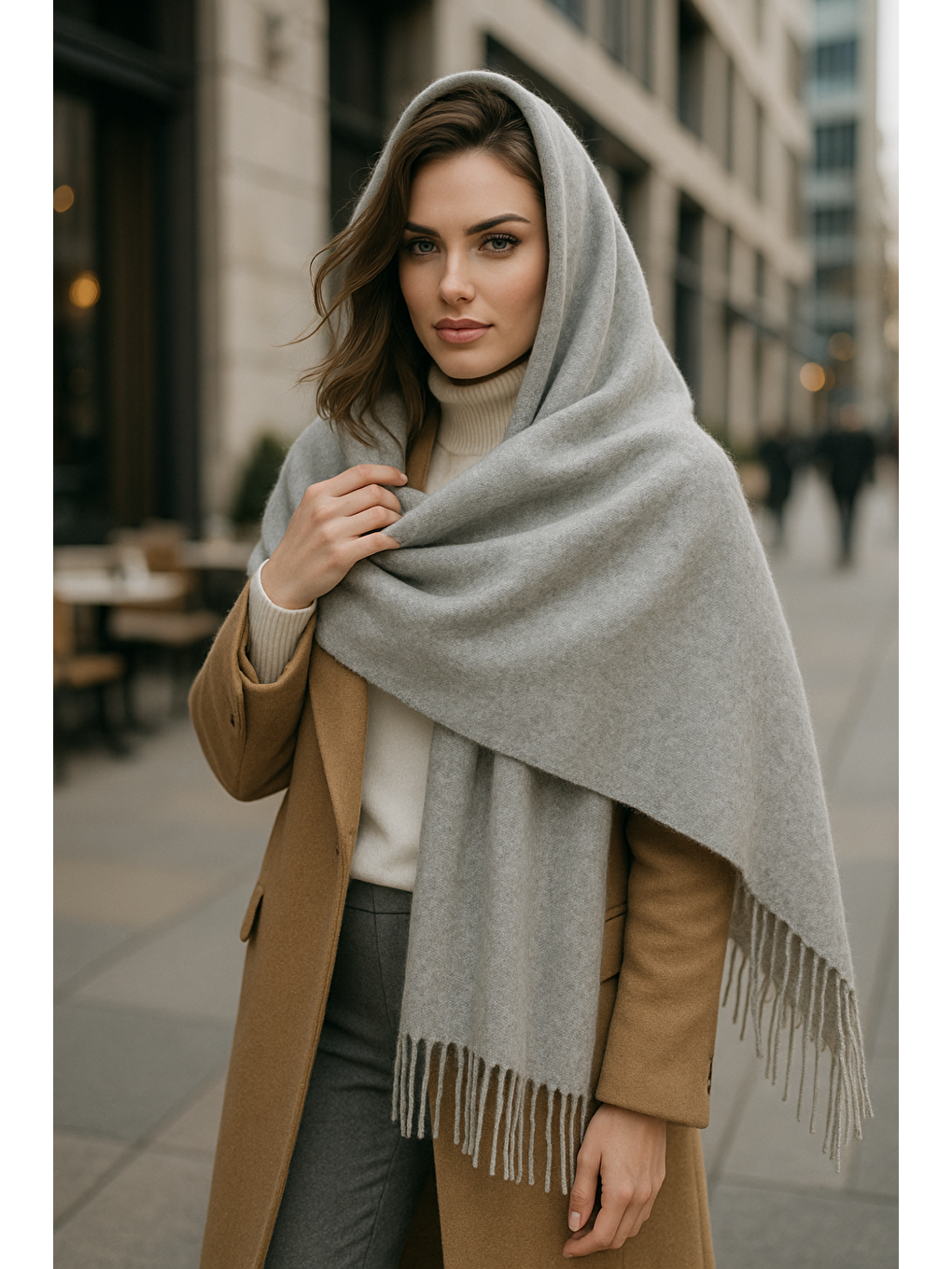 Uzun Gri Kalın Dokulu Püsküllü Unisex Atkı   Sıcak Ve Kış Nesnesi Sal1285-4