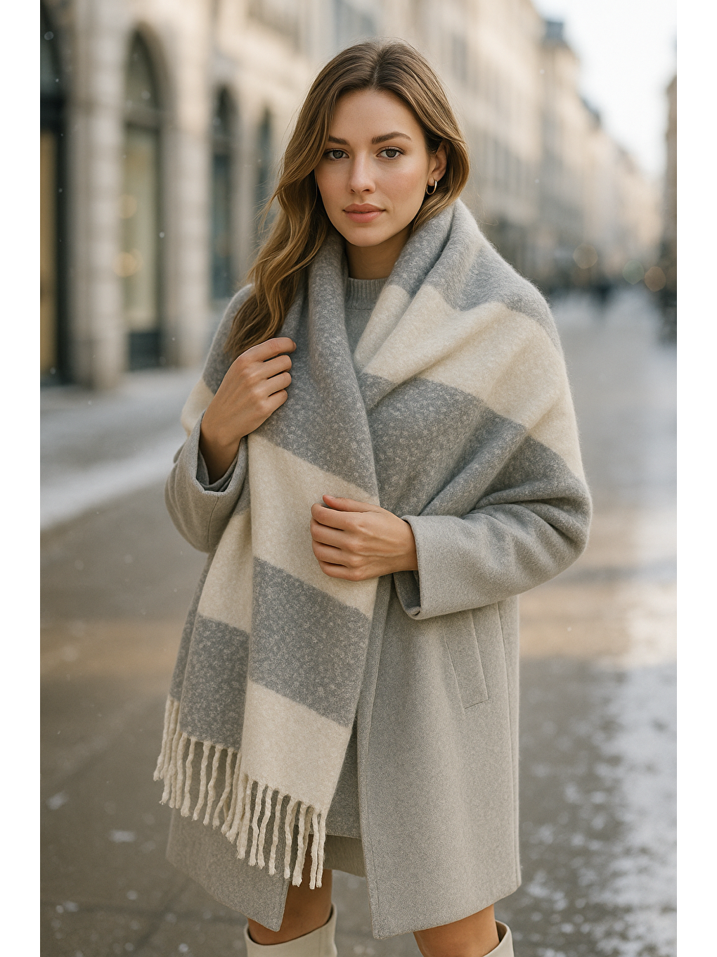 Kadın Ekru Püsküllü Buklet Atkı - Şal 45x200 Cm Sal1284-3