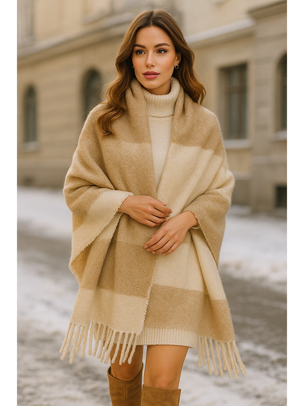 Kadın Bej Püsküllü Buklet Atkı - Şal 45x200 Cm Sal1284-1