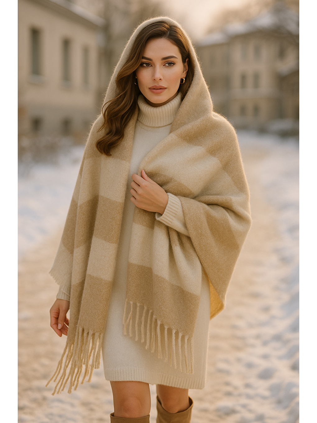 Kadın Bej Püsküllü Buklet Atkı - Şal 45x200 Cm Sal1284-2
