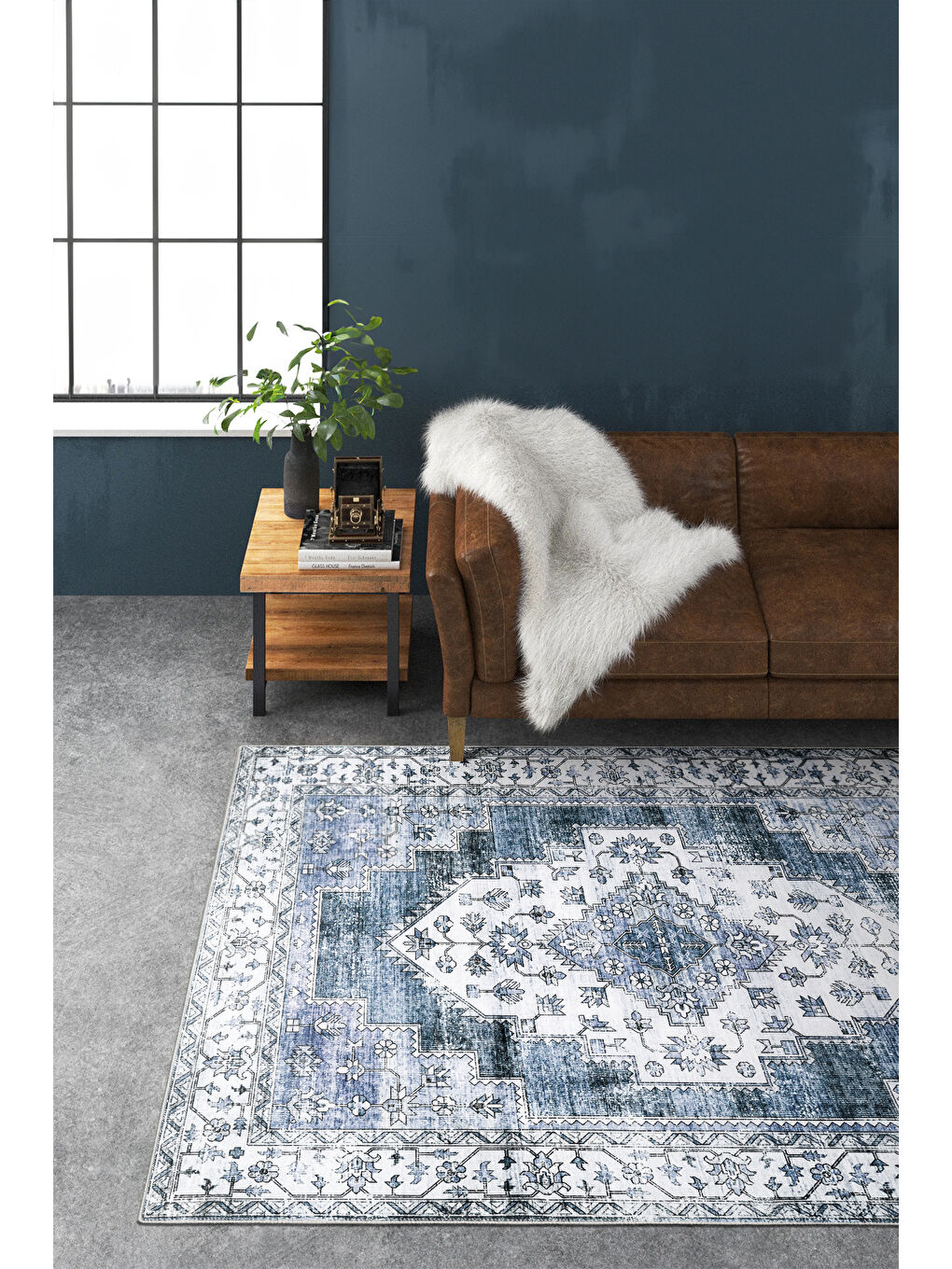 Mavi Dekoratif Özel Tasarım Yıkanabilir İnce Kaymaz Tabanlı Modern Halı KECE FR27-1