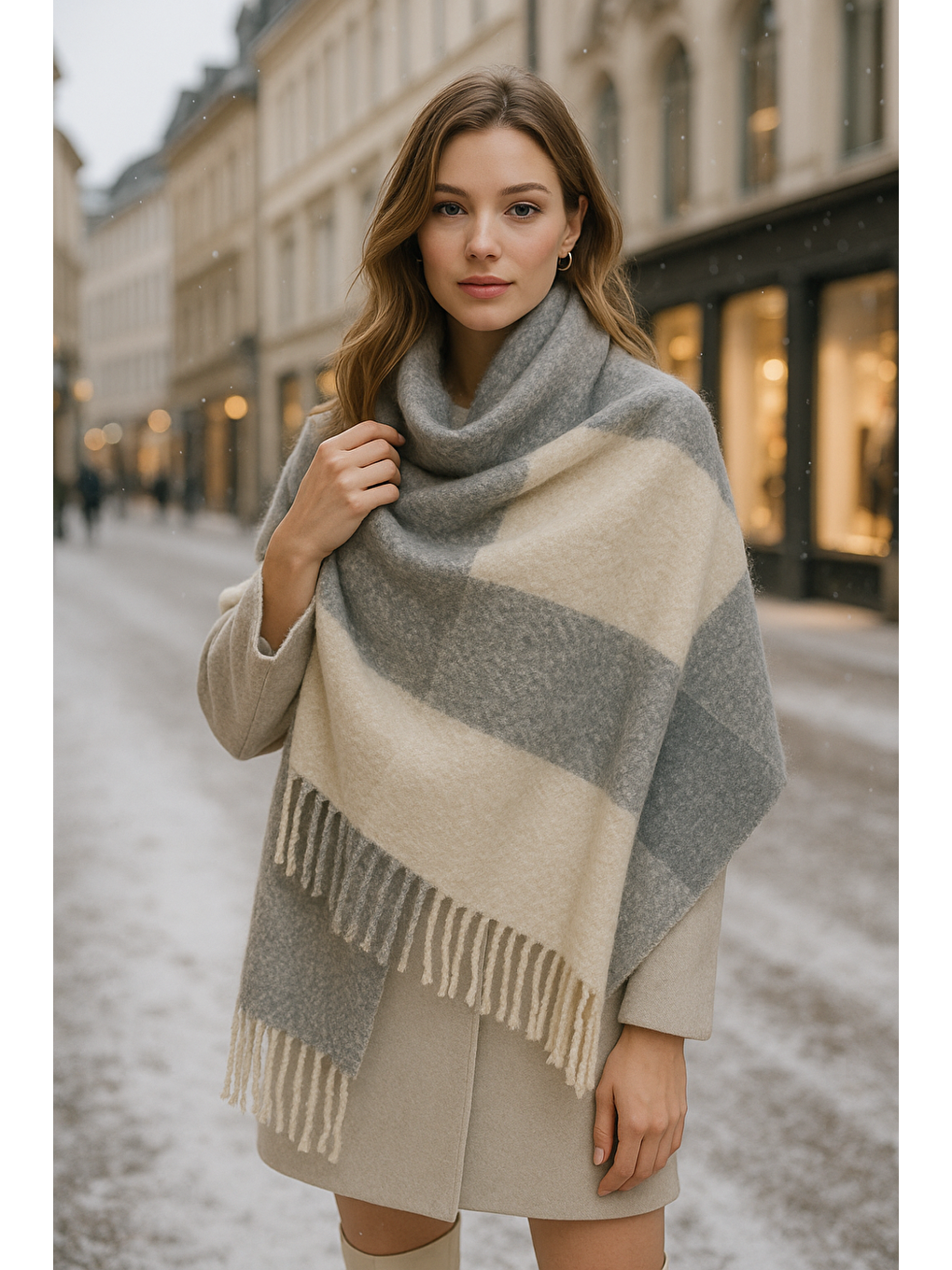 Kadın Ekru Püsküllü Buklet Atkı - Şal 45x200 Cm Sal1284-4