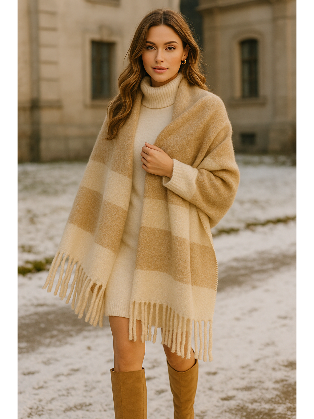 Kadın Bej Püsküllü Buklet Atkı - Şal 45x200 Cm Sal1284-3