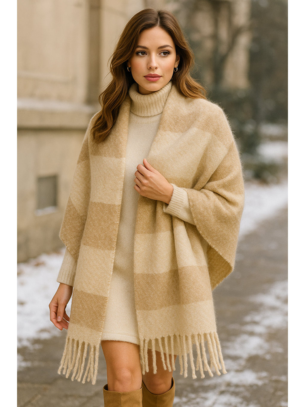Kadın Bej Püsküllü Buklet Atkı - Şal 45x200 Cm Sal1284-5