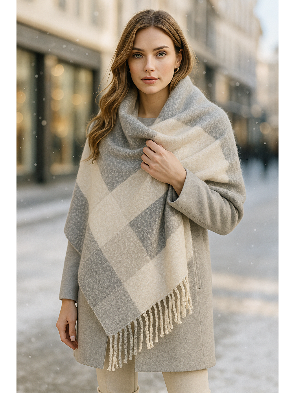 Kadın Ekru Püsküllü Buklet Atkı - Şal 45x200 Cm Sal1284-5