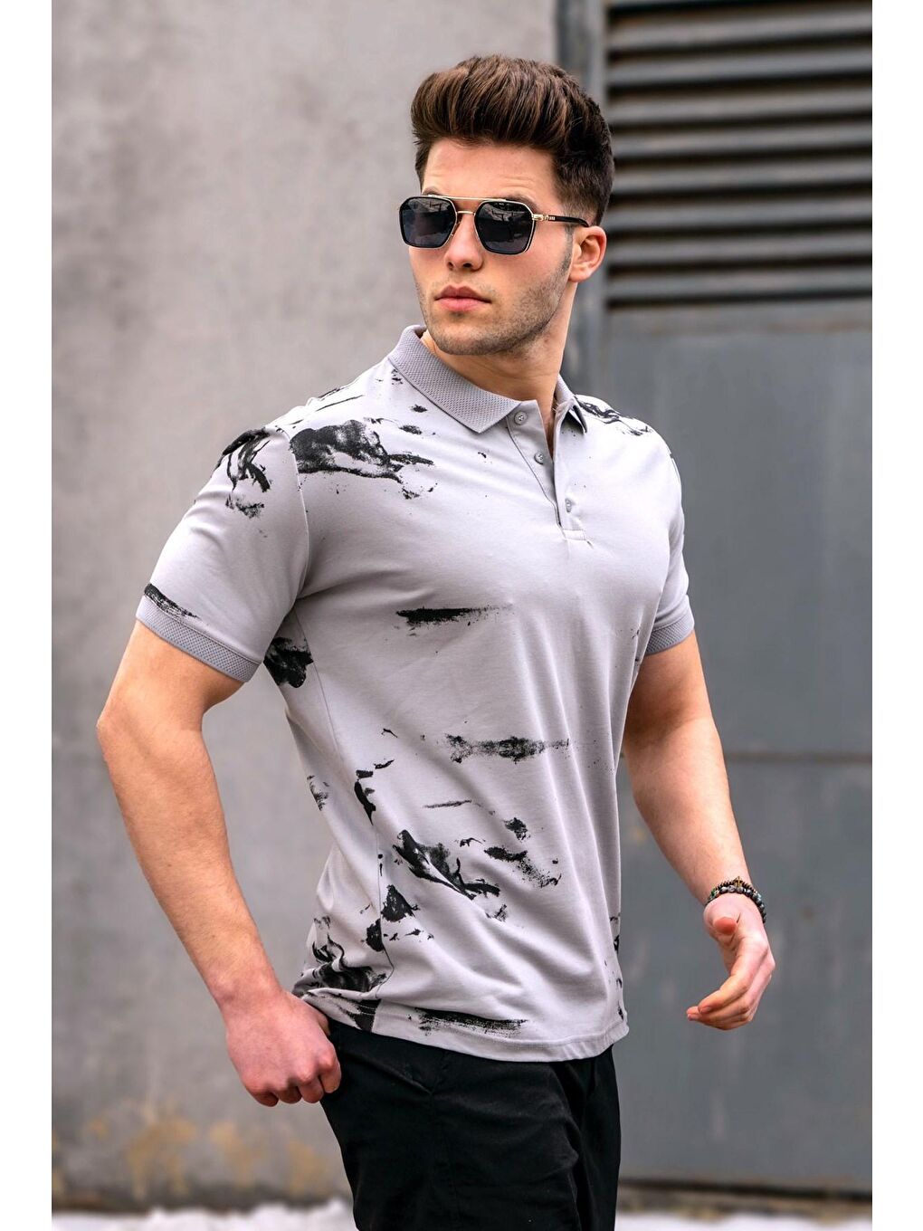 Polo Yaka Desenli Boyalı Gri Erkek Tişört