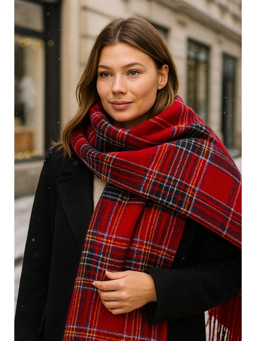 Kadın Kırmızı Ekose Desenli Atkı - Şal 70x180 Cm Sal1202-2