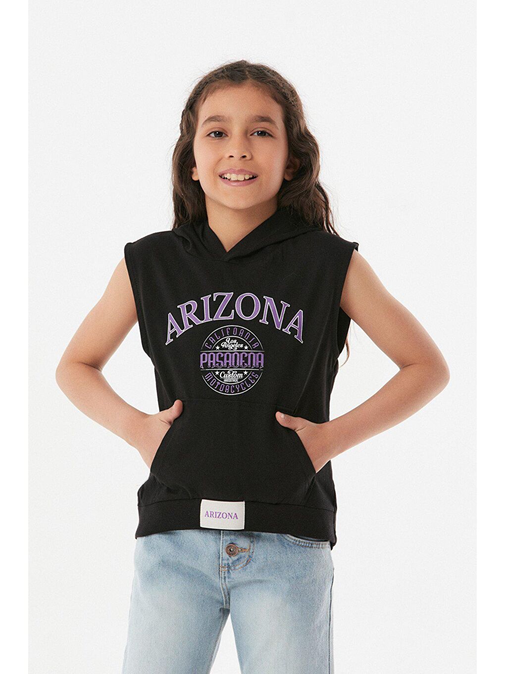 Siyah Arizona Baskılı Kapüşonlu Kız Çocuk Tişört