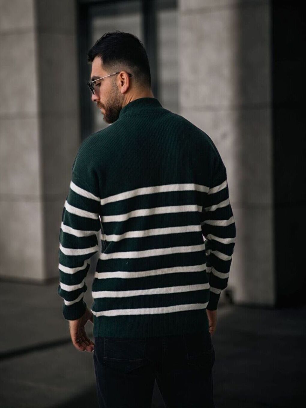 Yeşil Beyaz Yarım Fermuar Dik Yaka Çizgili Triko Erkek Kazak-2