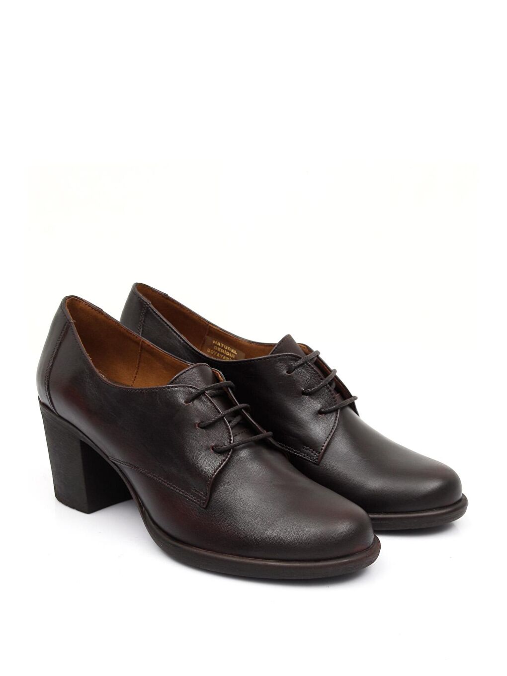 Kahverengi KAHVERENGİ  Hakiki Deri Yuvarlak Burun Orta Topuklu Kauçuk Taban Bağcıklı Kadın Ayakkabı 24135-1