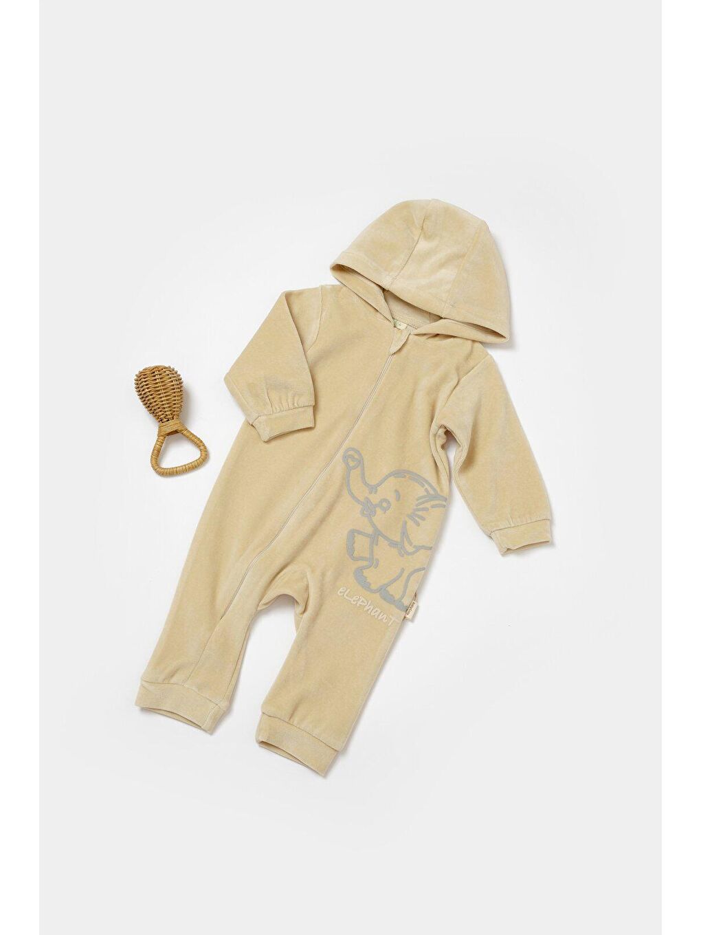 BabyCosy Organic Wear Taş Kadife Kapüşonlu Fermuarlı Tulum