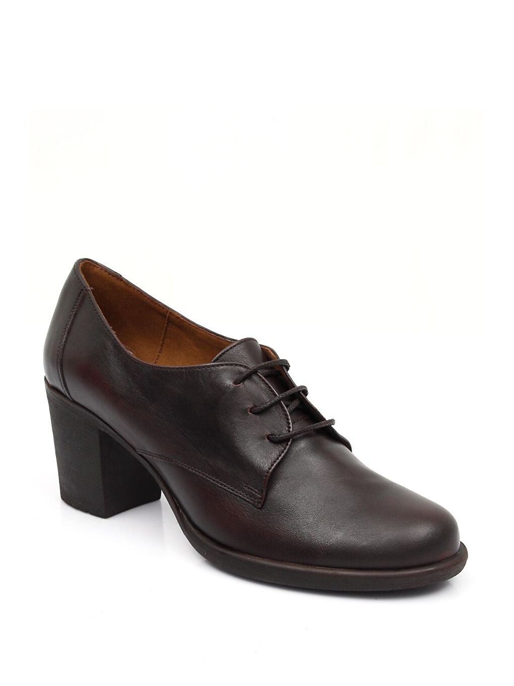 Kahverengi KAHVERENGİ  Hakiki Deri Yuvarlak Burun Orta Topuklu Kauçuk Taban Bağcıklı Kadın Ayakkabı 24135-4