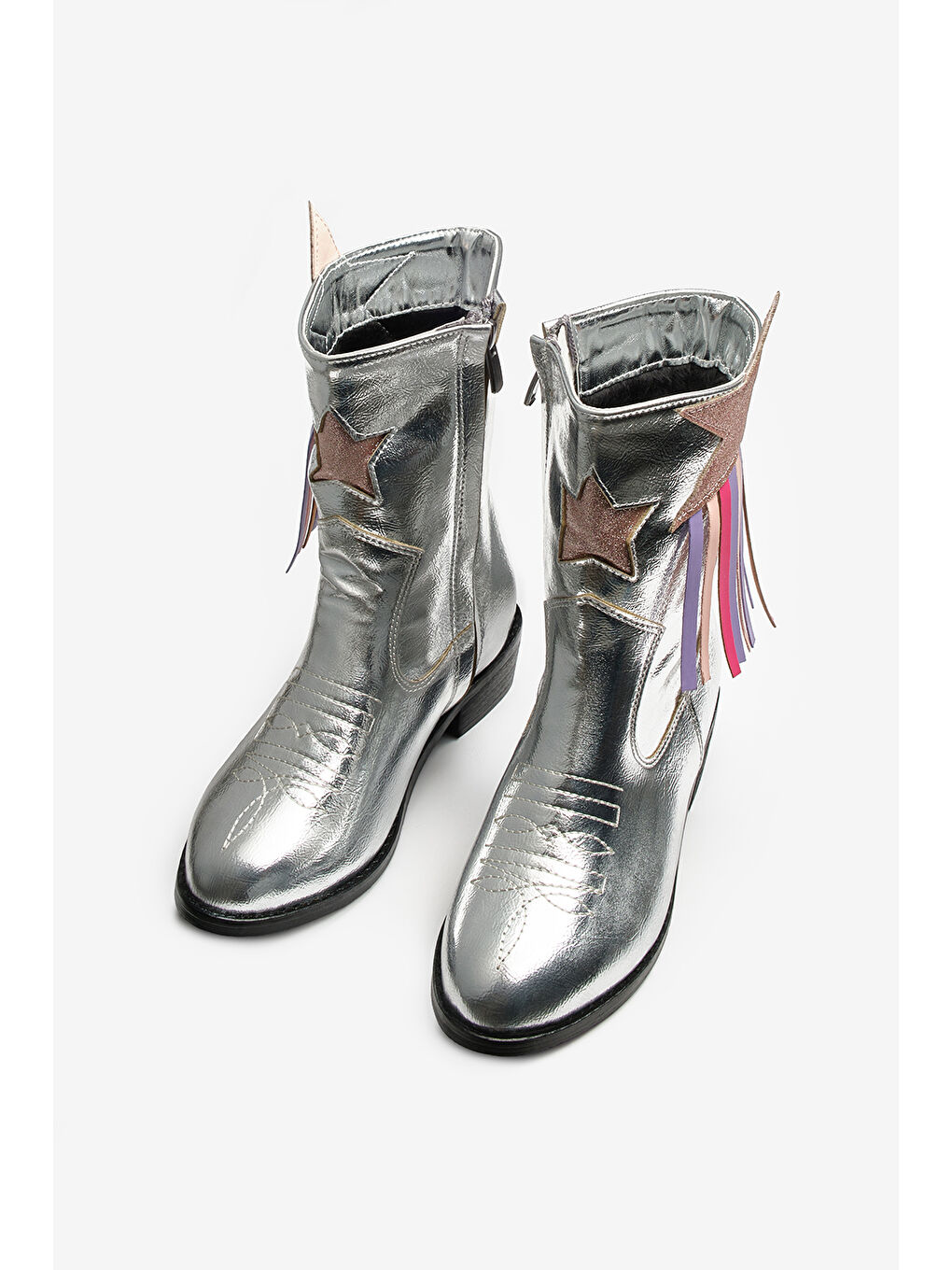 Gri Gümüş Yıldız ve Püskül Detaylı Kız Çocuk Kovboy Bot-4