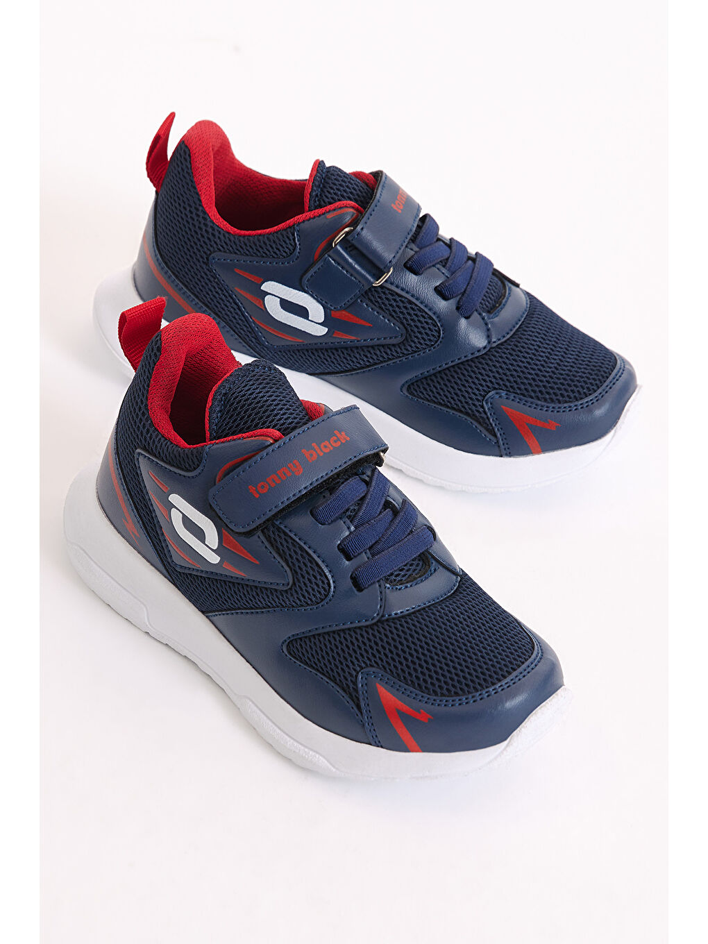 Çocuk Unisex Lacivert Kırmızı Nefes Alabilen Kumaş Desenli Cırtlı Spor Ayakkabı