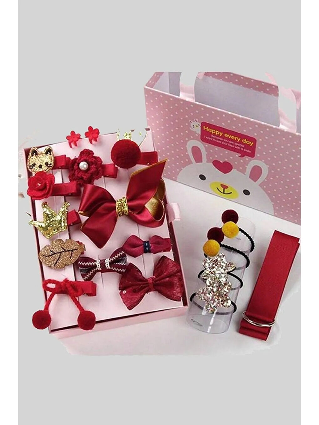 Bordo 18'li Kutulu Kız Çocuk Toka Set