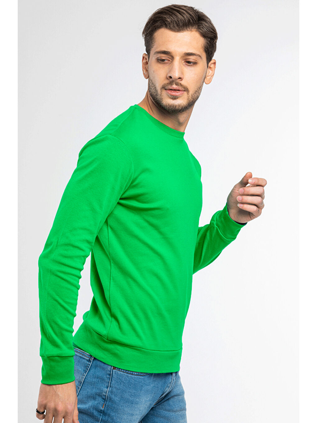 Yeşil Erkek Bisiklet Yaka Slim Fit İnce Sweatshirt SPR 20K17-1