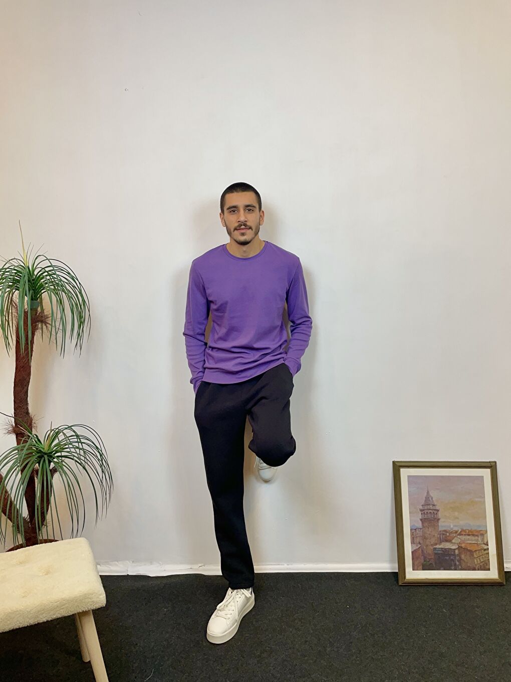 Mor Erkek Bisiklet Yaka Slim Fit İnce Sweatshirt SPR 20K17