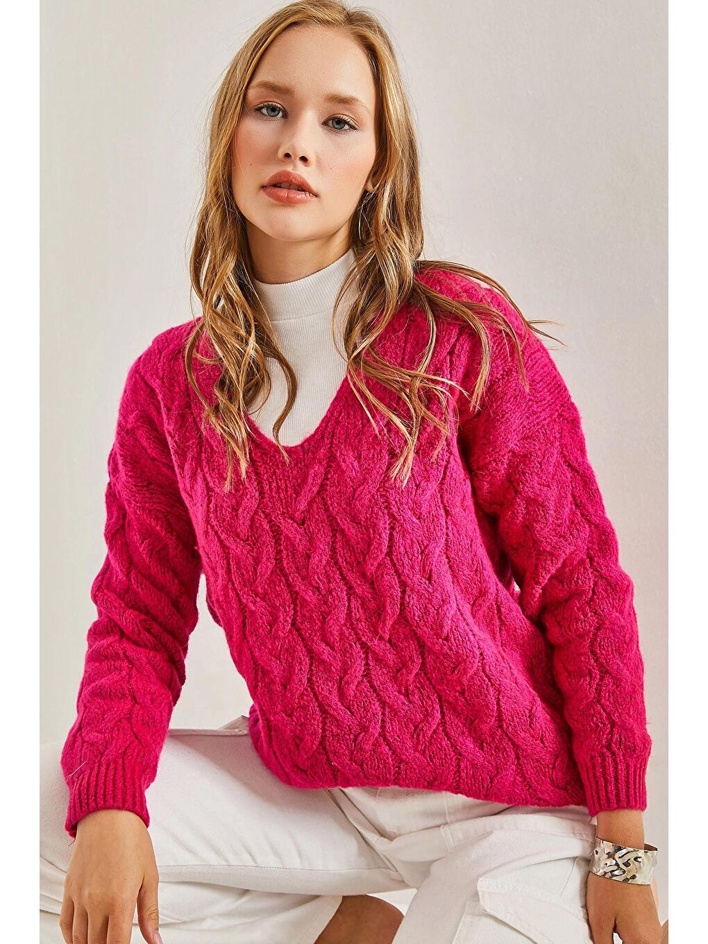 Fuşya Kadın Saç Örgü Desenli Triko Örme Kazak