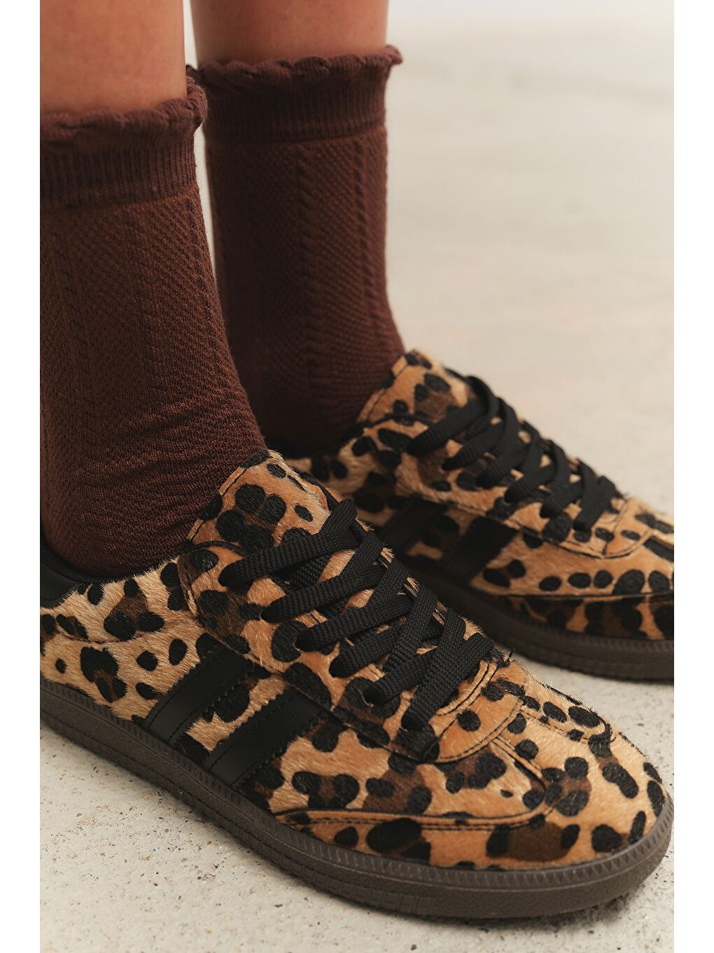 Sarı LEOPARD Kadın Ortopedik Günlük Bağcıklı Yürüyüş Leopar Desenli Sneaker Spor Ayakkabı-1