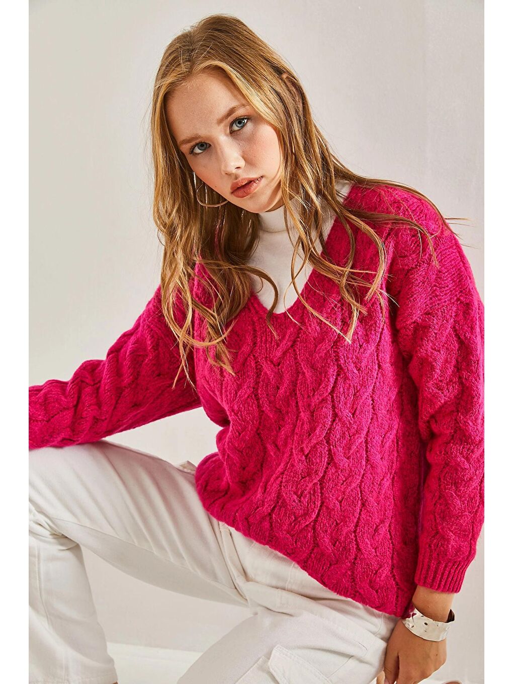 Fuşya Kadın Saç Örgü Desenli Triko Örme Kazak-1