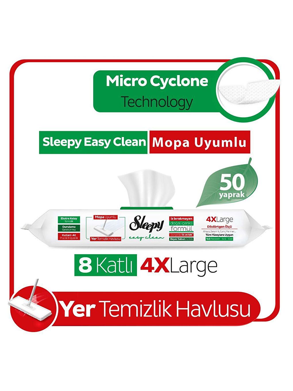 Sleepy Beyaz Easy Clean Beyaz Sabun Katkılı Mopa Uyumlu Yer Temizlik Havlusu 50 Yaprak