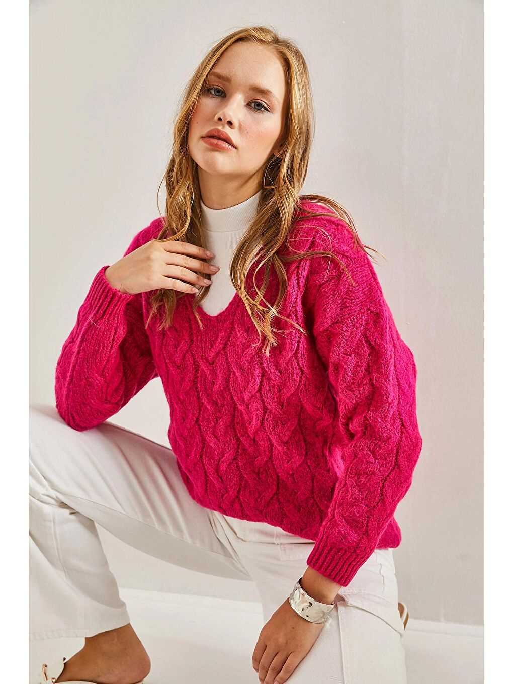 Fuşya Kadın Saç Örgü Desenli Triko Örme Kazak-2