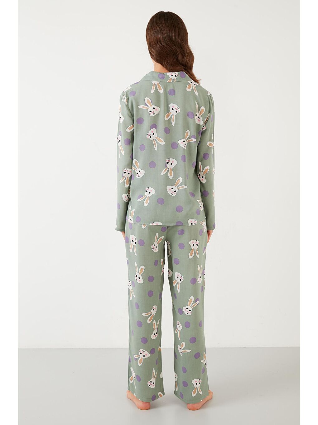 Yeşil Desenli Beli Lastikli Cep Detaylı Gömlek Yaka Dokuma Pijama Takımı 6110116-6