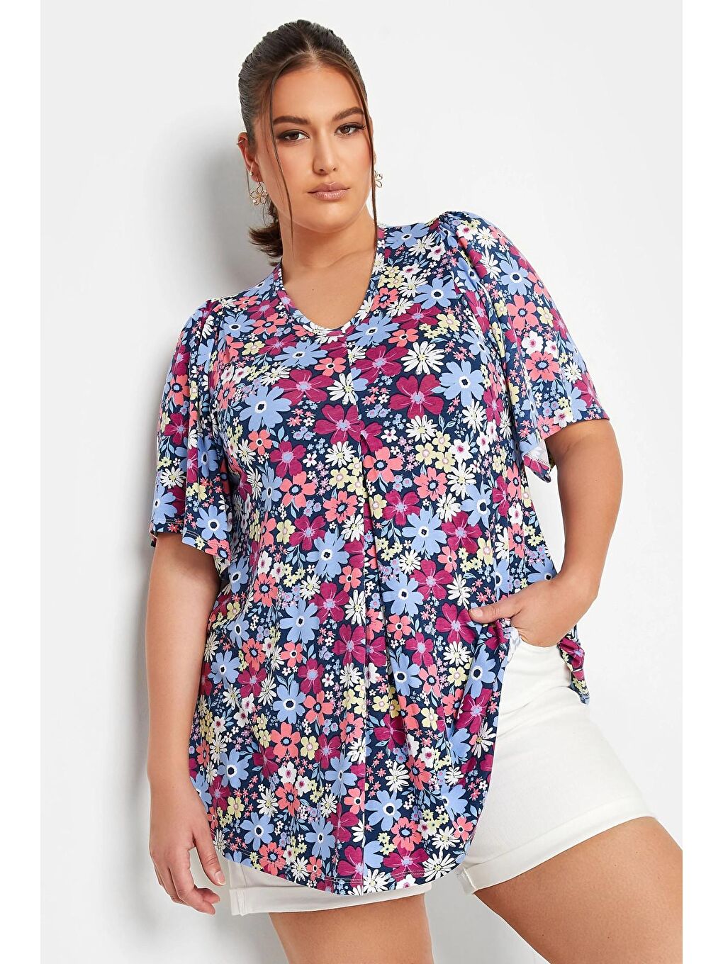 Mavi Büyük Beden V Yaka Desenli Asimetrik Kesim Elastanlı Bluz 302388