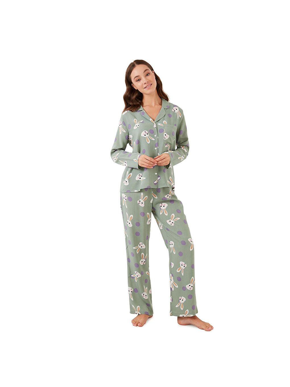 Yeşil Desenli Beli Lastikli Cep Detaylı Gömlek Yaka Dokuma Pijama Takımı 6110116-7