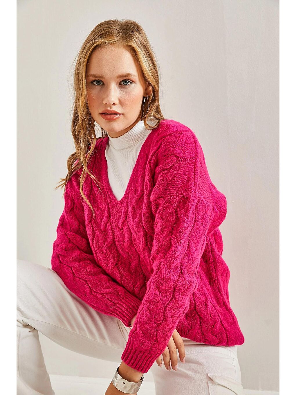 Fuşya Kadın Saç Örgü Desenli Triko Örme Kazak-3