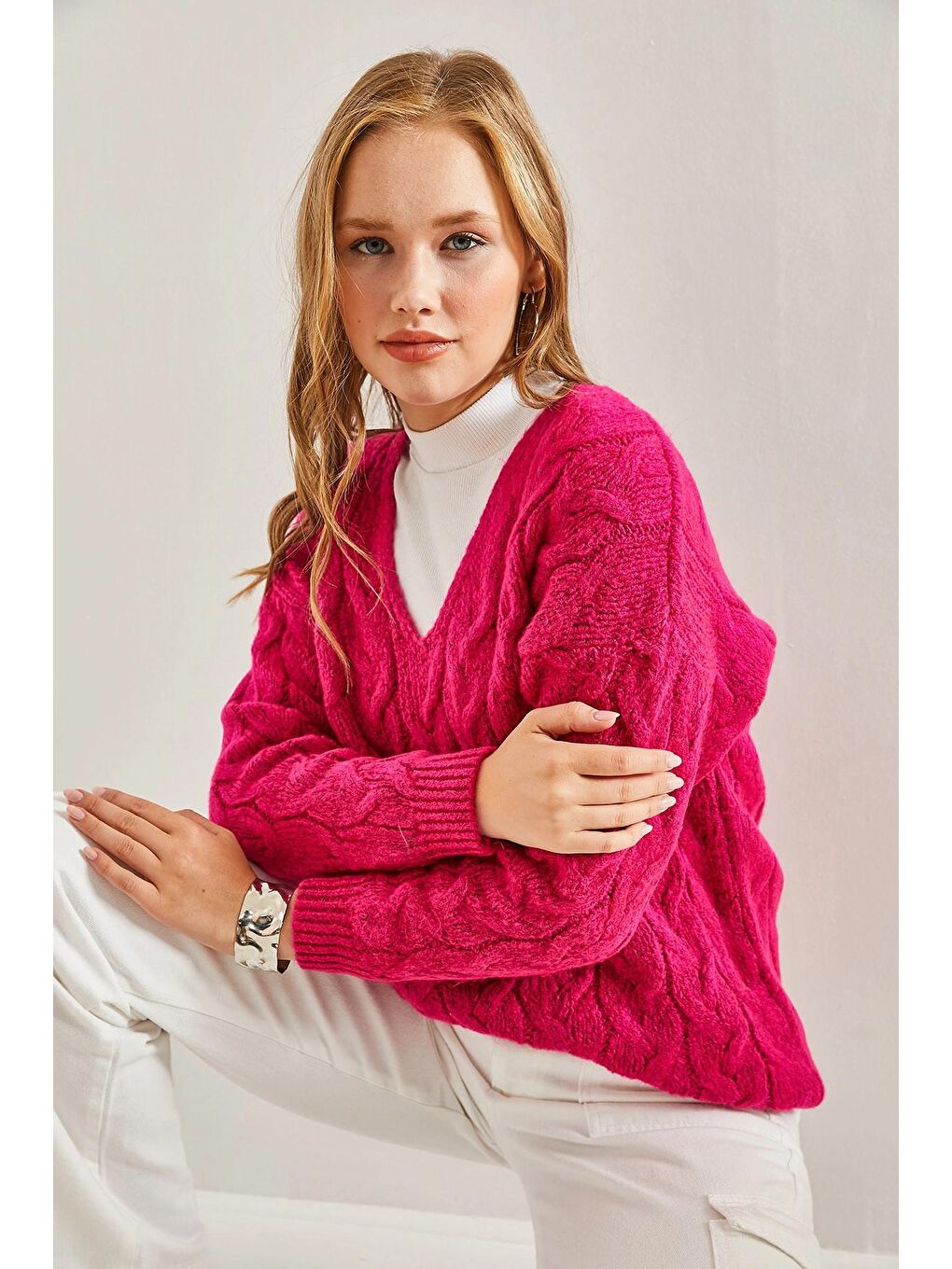 Fuşya Kadın Saç Örgü Desenli Triko Örme Kazak-4