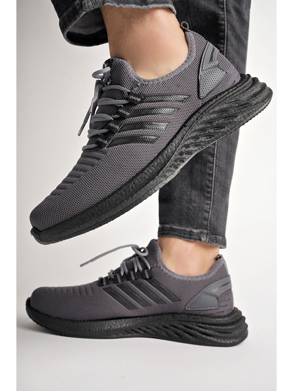 Gri Montag Garantili Günlük Ortopedik Kaymaz Taban Bağcıklı Çizgili Erkek Sneaker Spor Ayakkabı-4
