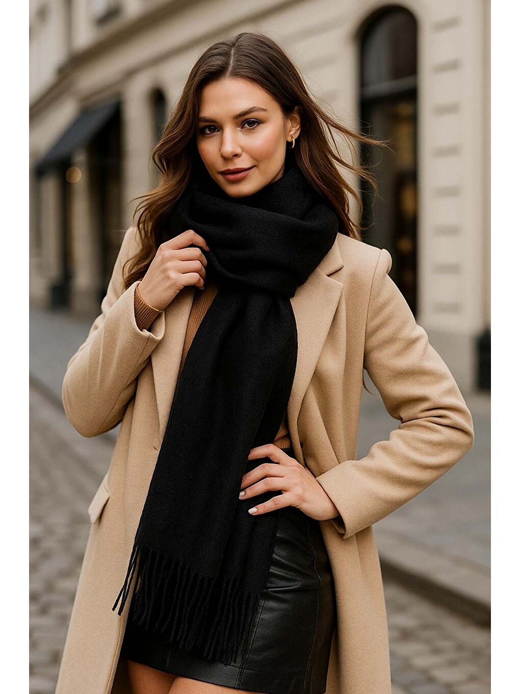 Püsküllü Buklet Atkı Şal 45X200 cm 1285 Siyah