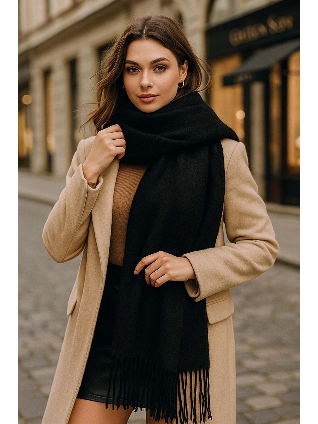 Püsküllü Buklet Atkı Şal 45X200 cm 1285 Siyah-1