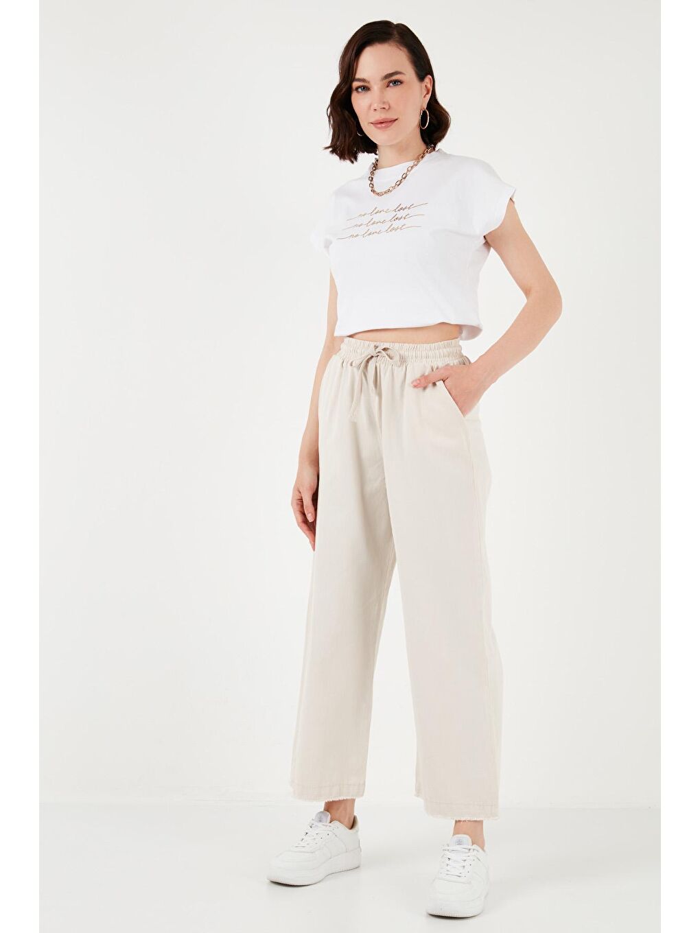 Bej Pamuklu Belden Bağlamalı Yüksek Bel Geniş Paça Cepli Regular Fit Pantolon 668Yp4760-5