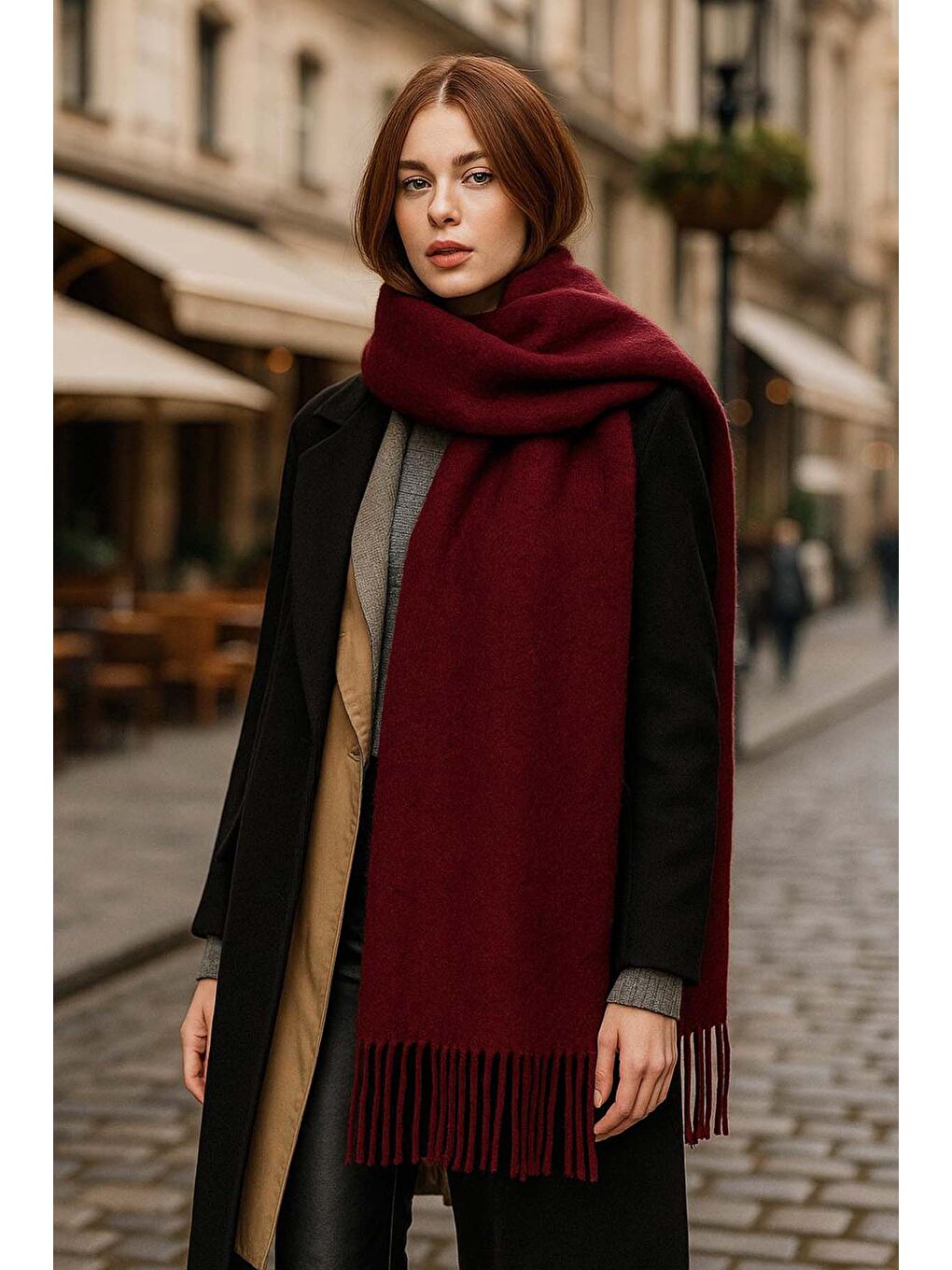 Püsküllü Buklet Atkı Şal 45X200 cm 1285 Bordo-2