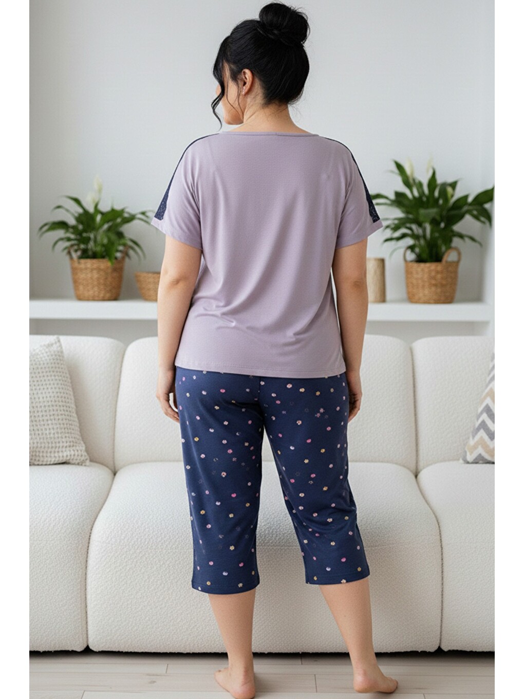 Lila Desenli Pamuklu Büyük Beden Battal Boy Örme Kapri Pijama Takım-2