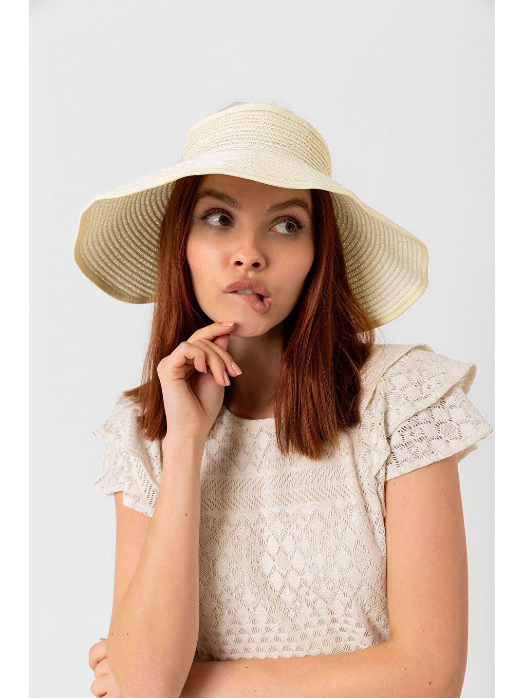 Ekru Krem Kurdeleli Hasır Vizör Şapka Hsr2080-1