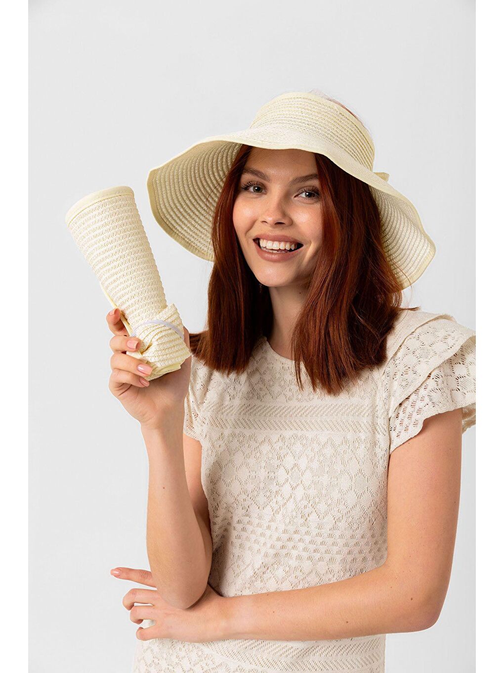 Ekru Krem Kurdeleli Hasır Vizör Şapka Hsr2080-2