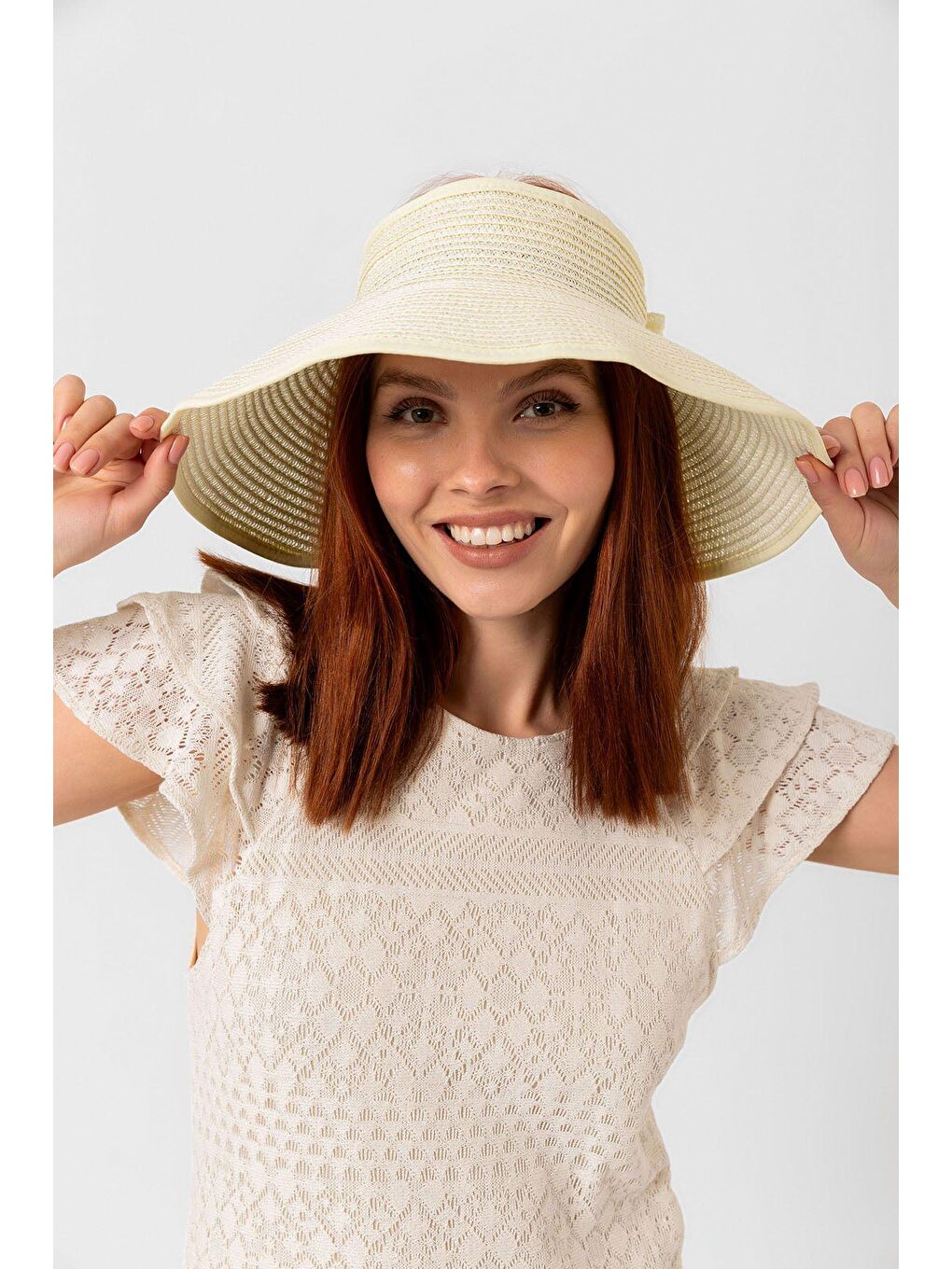 Ekru Krem Kurdeleli Hasır Vizör Şapka Hsr2080-3