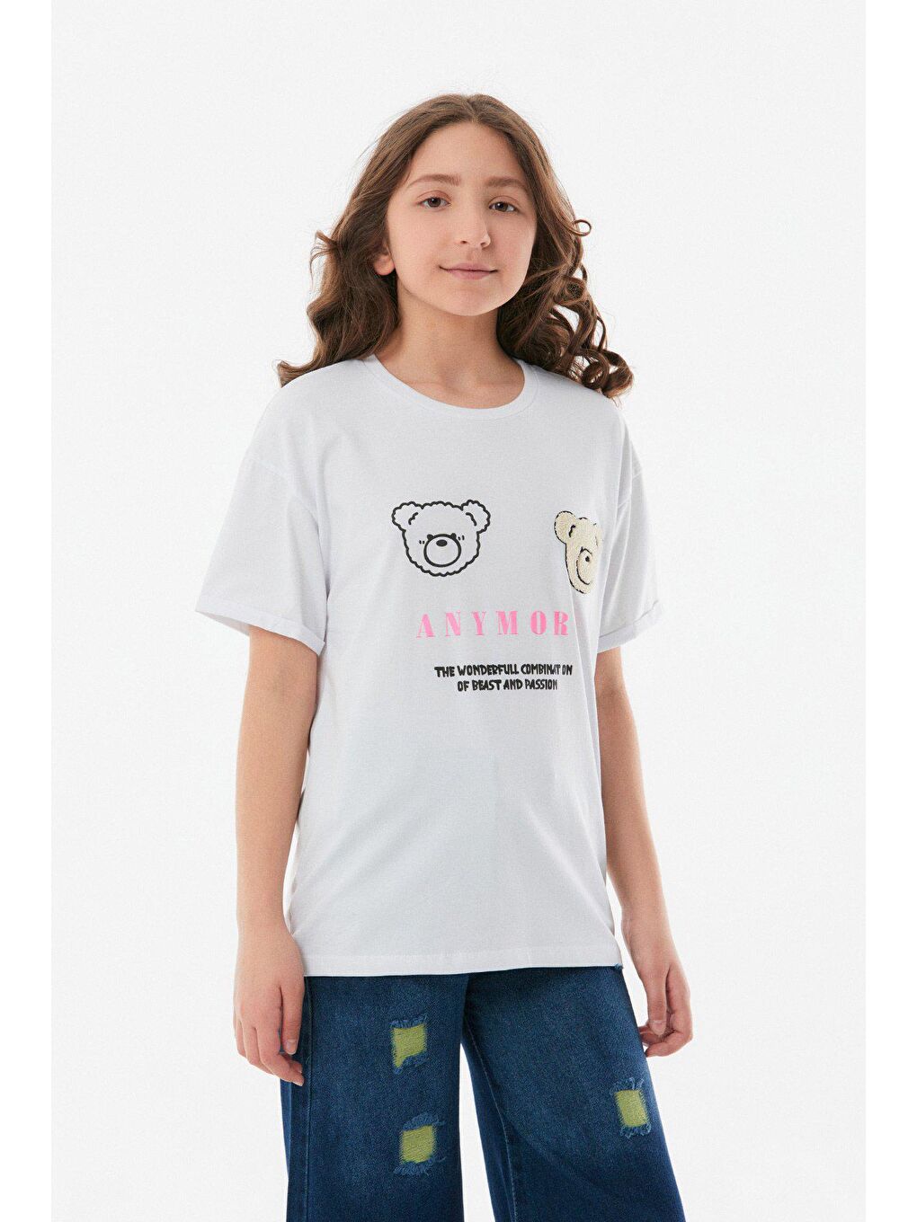 Beyaz Baskılı Bisiklet Yaka Kız Çocuk Tişört