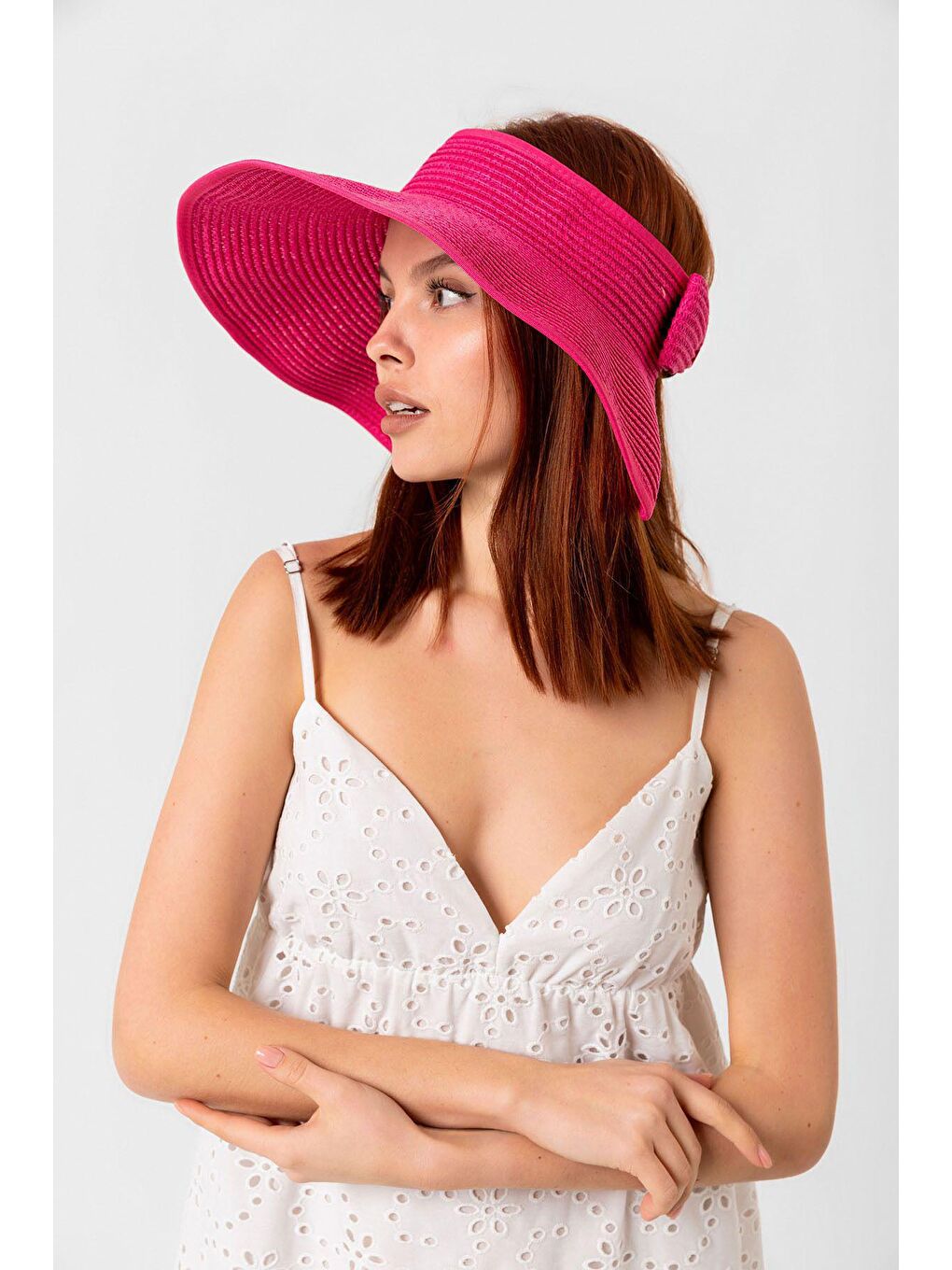 Fuşya Kurdeleli Hasır Vizör Şapka Hsr2080-4