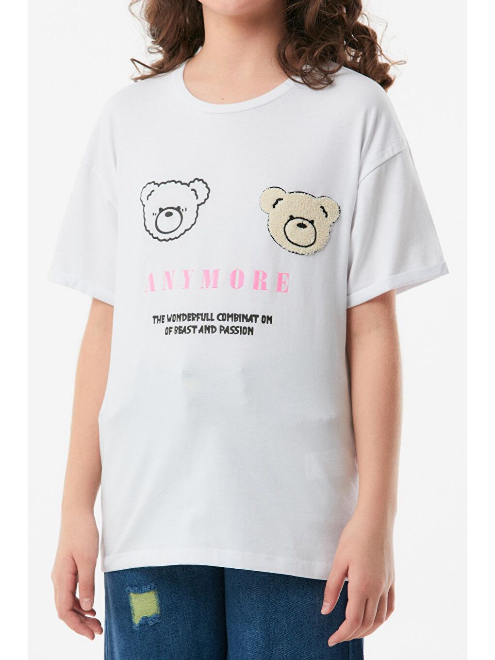 Beyaz Baskılı Bisiklet Yaka Kız Çocuk Tişört-3