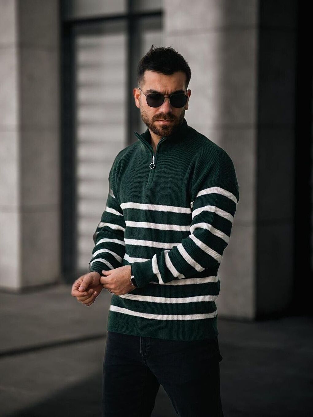 Yeşil Beyaz Yarım Fermuar Dik Yaka Çizgili Triko Erkek Kazak-3