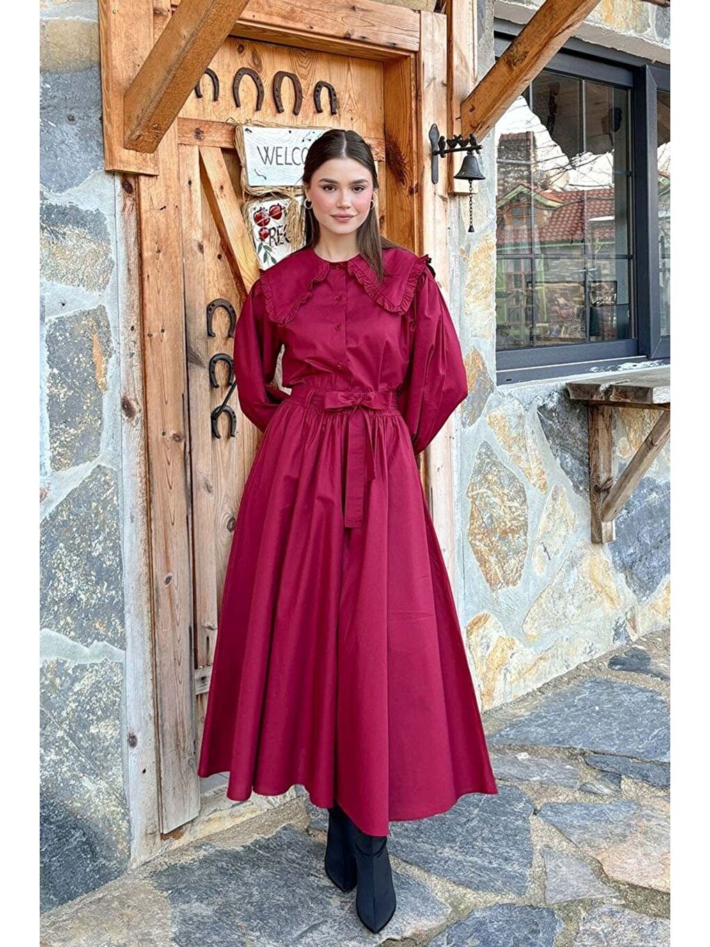 Bordo Balon Etek Bordo Yakası Fırfırlı Crop Gömlek Takım