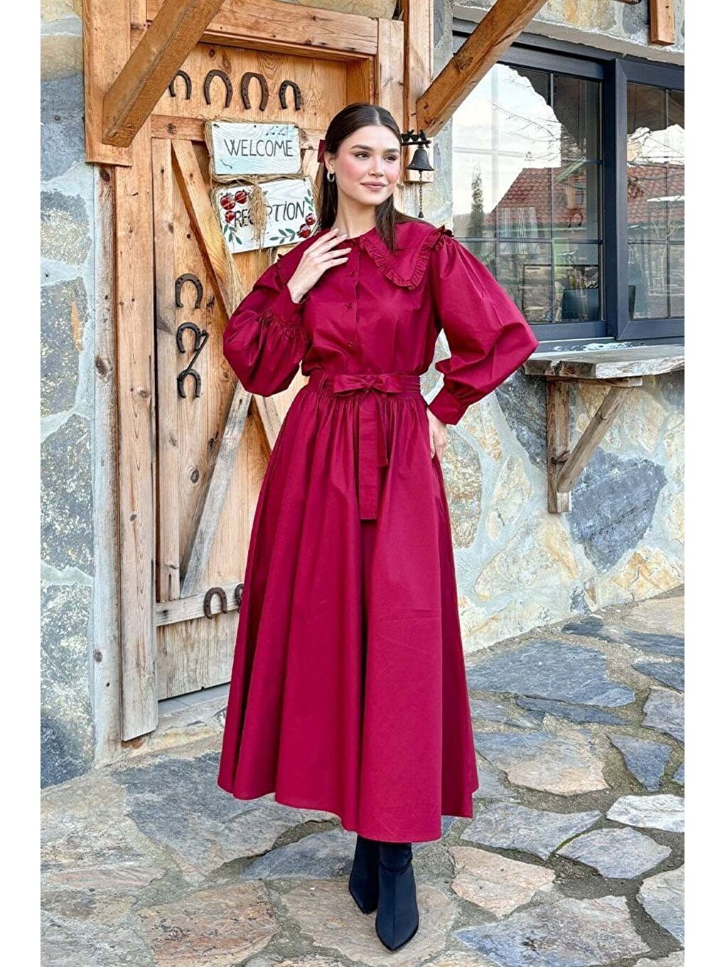 Bordo Balon Etek Bordo Yakası Fırfırlı Crop Gömlek Takım-6