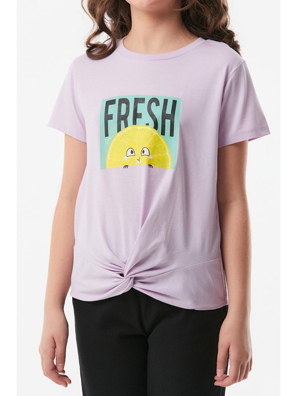 Lila Baskılı Önü Düğümlü Kız Çocuk Tişört-3